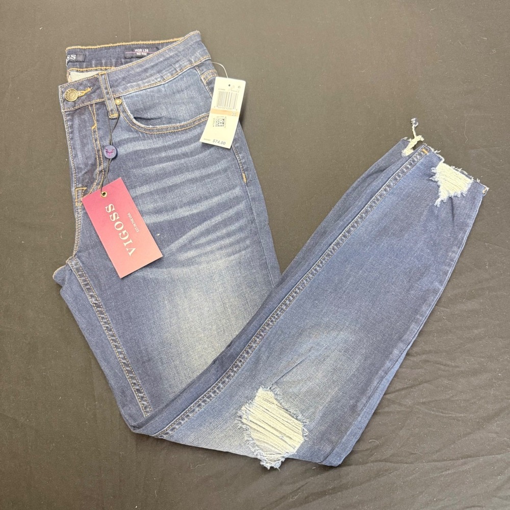 Vigoss Thompson Tomboy Mid Rise Skinny Distressed‎ Jeans Dark Blue W28 L26 NWT